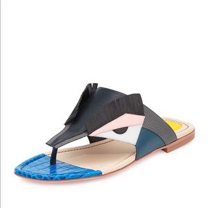 Fendi Multicolor Bugs Paneled Leather Thong Flats